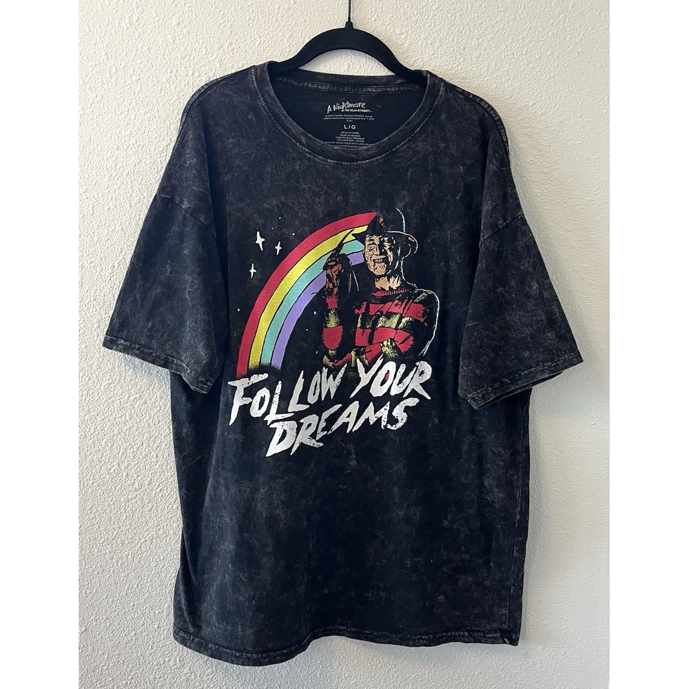 Freddy Krueger Follow Your Dreams T-Shirt LG Acid Wash Black Nightmare Elm St